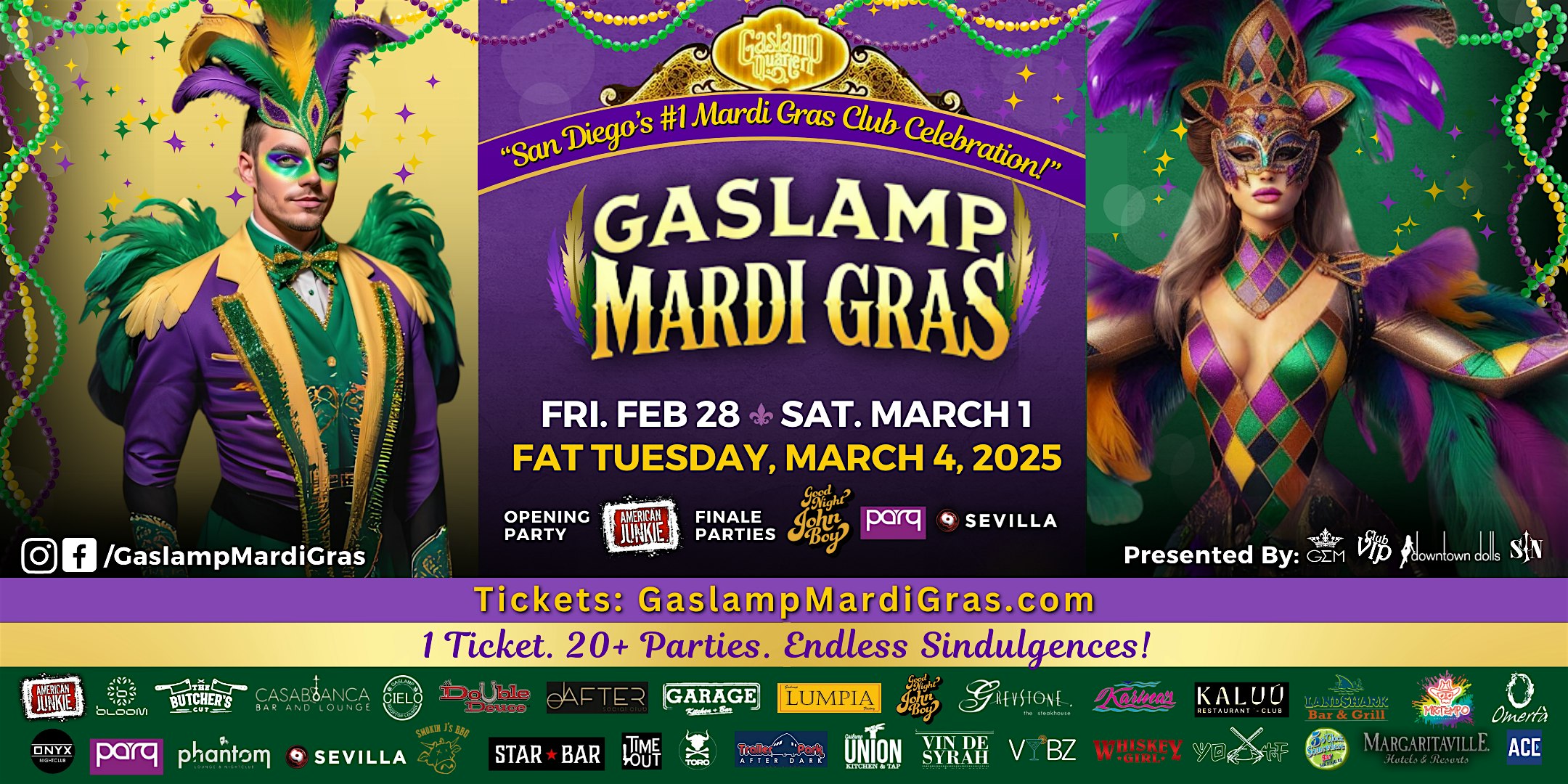 2025 Gaslamp Mardi Gras + San Diego Fat Tuesday: Feb 28, March 1 & March 4 – San Diego, CA