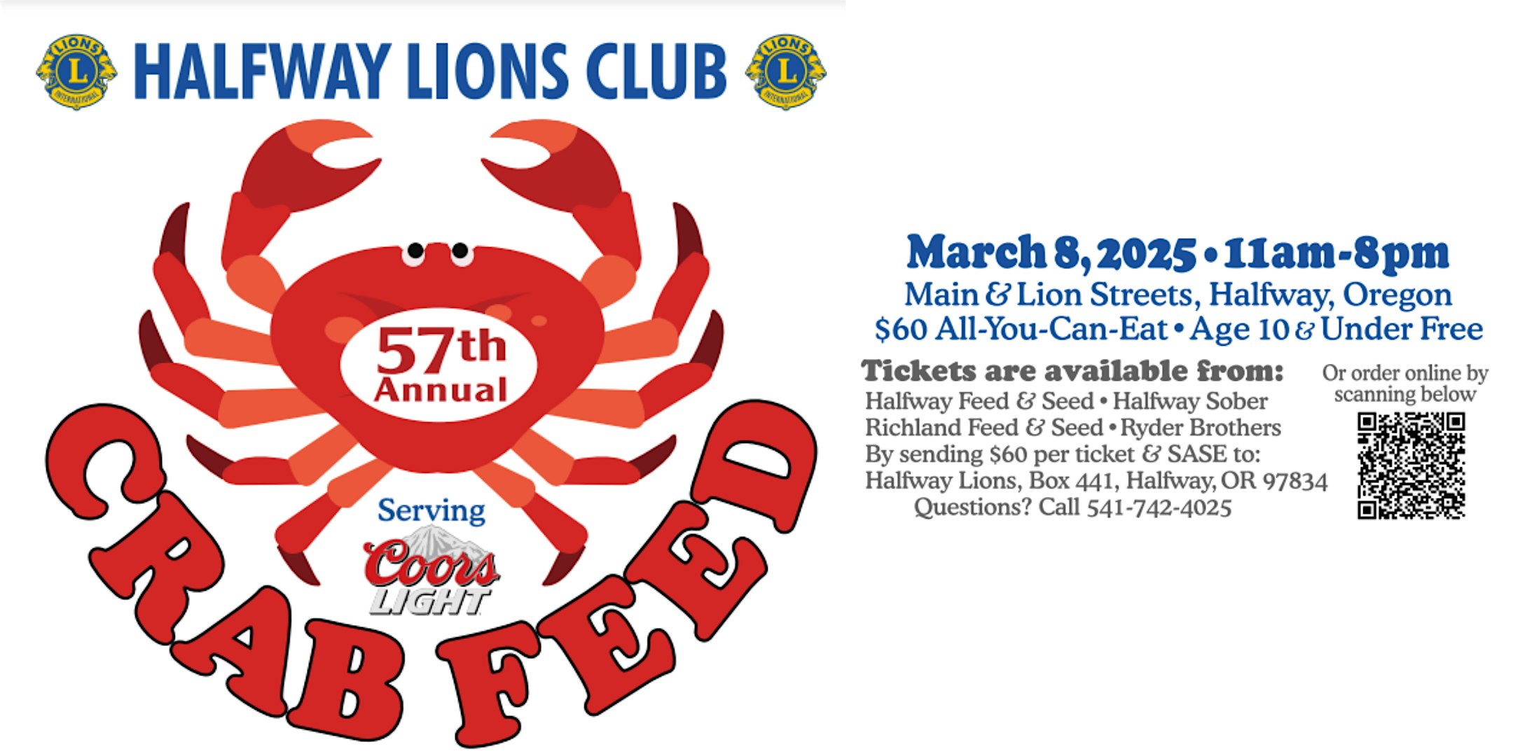 57th Annual Crab Feed – Halfway Lions Club – Halfway, OR