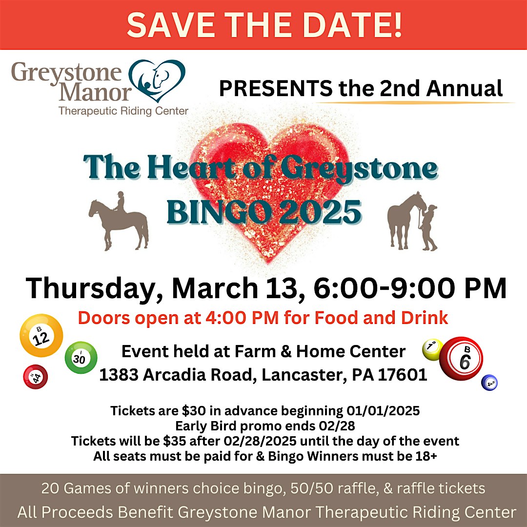 2nd Annual Heart of Greystone BINGO. Don’t miss out this year!! – Lancaster, PA